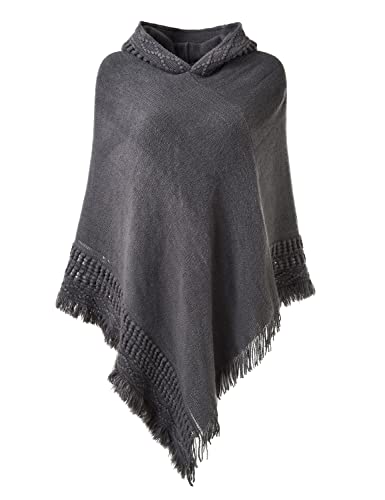 Ferand - Poncho de Punto con Flecos para Mujer - Poncho versátil, Chal Capa con Capucha, Manta para Mujer - Talla única - Gris