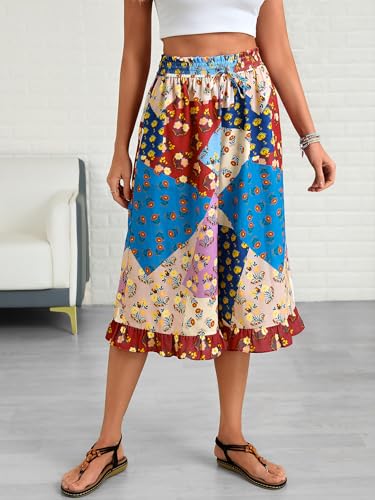 Image of Womens Wide Leg Palazzo Capri Pants Fun Vintage Print Flowy Cropped Capris