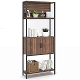 CharaVector 5-Tier Bookshelf with Doors,Tall Bookshelf with Cabinet, Rustic Wood Bookshelf for Bedro