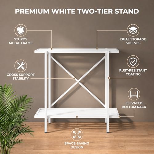 Image of ecofynd 2-Tier Fish Tank Stand, Double-Layer Aquarium Stand with Adjustable Table Feet, Heavy Metal Storage Rack Suitable for Home and Office, (White, FS-PS050)