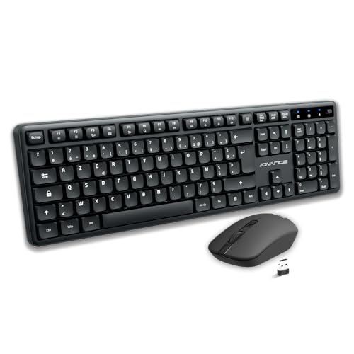 AD ADVANCE - SilentKeys, Set di tastiera mouse wireless silenziosa per PC e Mac, tastiera AZERTY 105 tasti, 12 scorciatoie multimediali, altezza regolabile, mouse 1600 DPI, Dongle USB, nero