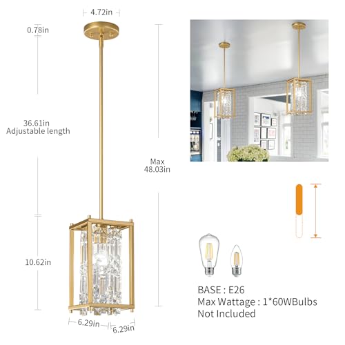Image of LMQNINE Modern Gold Pendant Light Fixtures for Kitchen Island, Crystal Chandelier Lights Fixture, Elegant Adjustable Pendant Lighting for Dining Room Bedroom (Square 1-Light)