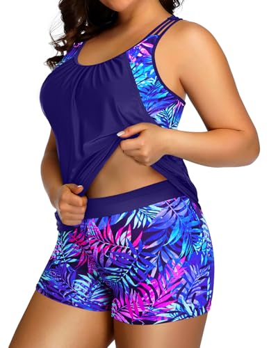 Image of Womens Plus Size Tankini Swimsuit Two Piece Tummy Control Bathing Suit | Blouson Racerback Tankini Top with Shorts, Double Up Design, Removable Pad