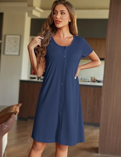Image of Ekouaer Women Nightshirts Button Down Nightgown Sleep Shirt Short Sleeve Night Shirts Pajama Dress
