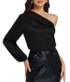 Rooscier Women's Satin One Shoulder Lantern Long Sleeve Loose Fit Workwear Blouse Top Black Second X-Large