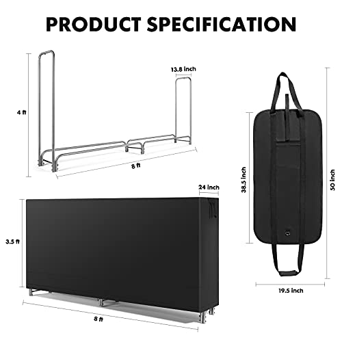Mayoliah 8 Ft Outdoor Indoor Firewood Log Rack With Cover And Tote Bag Combo, Waterproof Wood Storage For Fire Wood Stand Heavy Duty Log Holders For Inside Fireplace, Black #TOP6