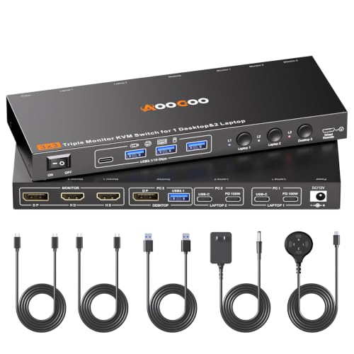 Image of USB C DP KVM Switch 3 Computers 3 Monitors,4K /1080P@60Hz MST KVM Switch for 1 PC&2 Laptop Share 3 Monitor with 4 USB3.0 Devices,PD for Laptop, USB Cables and Power Adapter(4K USB C DP 3 in 3 Out KVM)