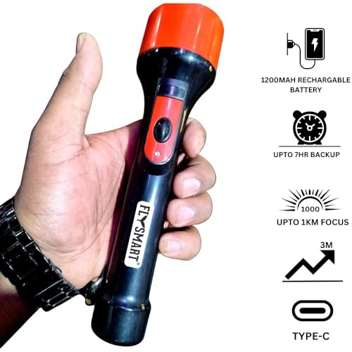 Image of Flysmart Dhoom 3W USB Rechargeable Handy Torch | Ultra Bright LED Light | Long Distance Beam Range | 2 Mode Flashlight | for Outdoor, Indoor, Hiking, Camping, Farming, Security uses | Multicolour