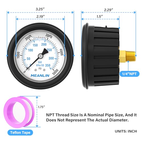Image of MEANLIN MEASURE 0~5000Psi Stainless Steel Liquid Filled Pressure Gauge 1 /4 inch NPT 2.5 inch FACE DIAL with Rubber Protective Sleeve, Center Back Mount