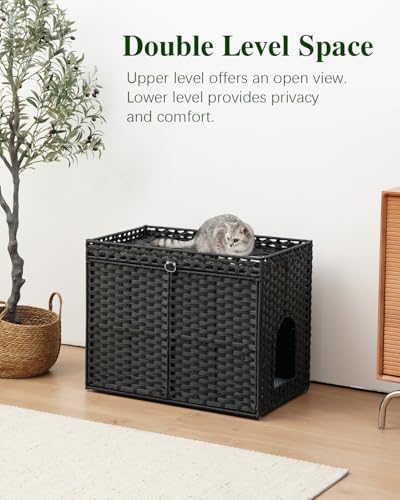 Image of SETVSON Cat Litter Box Enclosure Furniture, Hidden Litter Box, Cat Litter Box Cabinet with 2 Litter Mats, Handwoven Rattan Large Space Cat House, Indoor for Living Room, Bedroom, Apartment Black