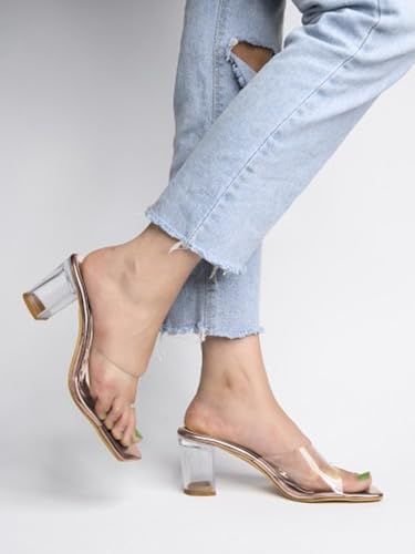 Image of Shoetopia Women's Clear Block Heel Mules || Transparent Strap Slip-On Sandals || Open Toe Chunky Heels