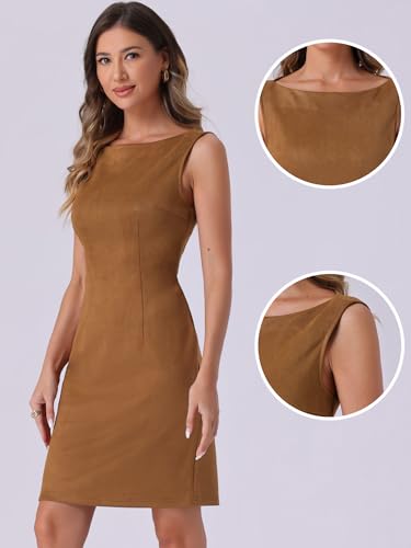 Allegra K Faux Suede Dress for Women's Boat Neck Sleeveless Sheath Dresses2
