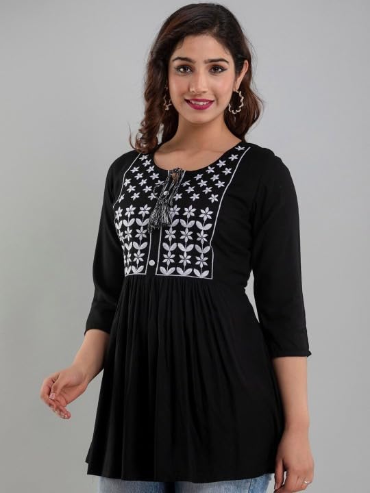 Image of Avayayat Women's Rayon Classic Heavy Embroidery Top with Beautifull Tassels at Front and on Both Sleeves Regular Fit Office Wear Festival Tunic Jeans Summer