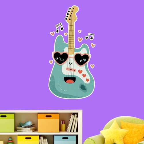 Image of Cute Smiling Guitar Wall Sticker | Cartoon Music Theme Self Adhesive Wall Decal for Ki-ds Room, Bedroom, Nursery & Playroom Decoration