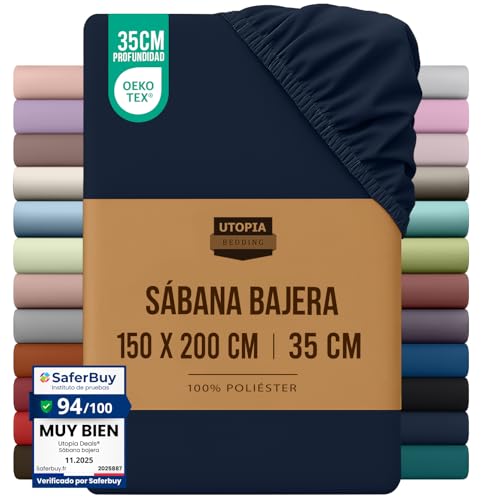 Utopia Bedding Sabana Bajera 150x190/200 - Azul Marino - Certificado Oeko Tex - Bolsillo Profundo - Microfibra de Poliéster Cepillado (Cama 150)