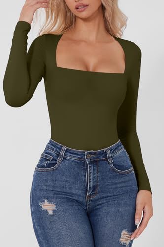 QINSEN Women's Sexy Square Neck Bodysuit Long Sleeve Double Lined Shirt Tops3