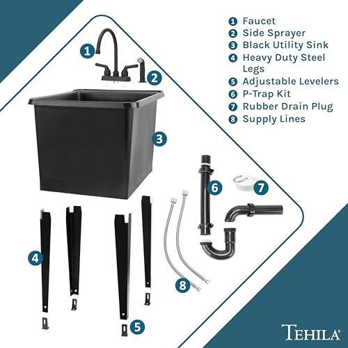 Image of Black Space Saver Utility Sink by JS Jackson Supplies, Freestanding Tehila Space Saving Laundry Tub, Black Gooseneck Faucet with Side Sprayer