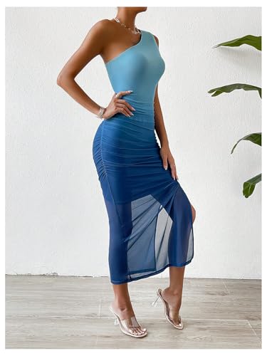 Image of Milumia Women's Bodycon Sleeveless Midi Dress Ombre Ruched Mesh One Shoulder Dresses Blue X-Large
