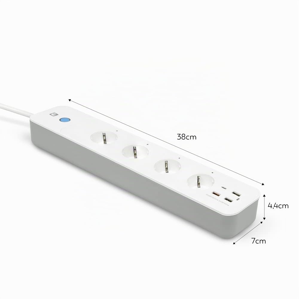 Garza Smart - Ciabatta elettrica WiFi intelligente con interruttore, 4 prese, 2 USB tipo A, USB C e USB 3.0 carica rapida PD20W/QC3.0, WiFi 2.4GHz, programmabile, controllo app e voce