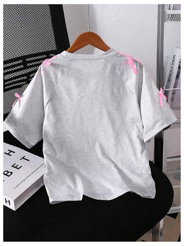 SHENHE Girl's Bow Shirt Crew Neck Short Sleeve Embroidered Graphic Loose Fit Tee Top2