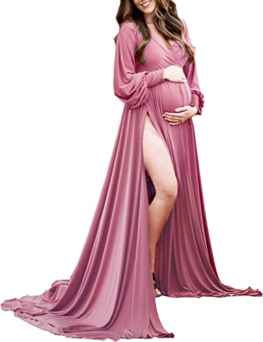 Vestido de Maternidad con Mangas Obispo, Vestido de Baby Shower, Abertura Lateral, Maxi, sesión de Fotos para fotografía, Púrpura Claro, XXL