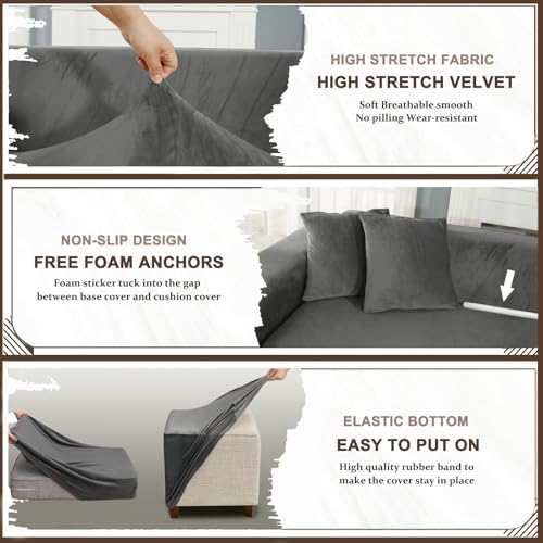 SYLC Samt Couch überzug L Form Sofabezug Ecksofa, Sofa Cover L Shape Stretch Mit Sitzkissen Rückenlehne, Universal Sofaüberwurf Waschbar (Dark Gray,Sofabezug 90-140cm)