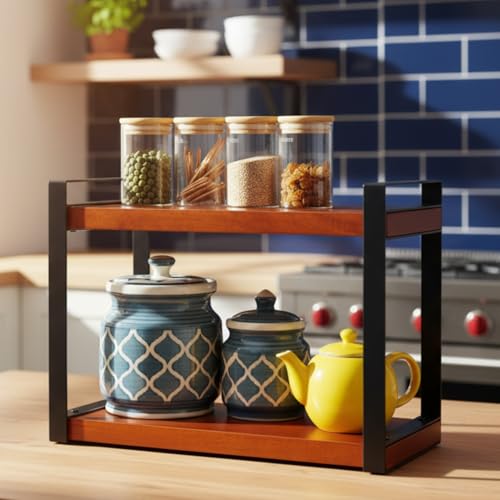 Image of Premium The Double decker Multipurpose Storage Rack |Iron Countertop Racks |Living Area Versatile Storage Shelf with 2 Compartments |Spice Rack Organizer|Makeup Organizer|Office