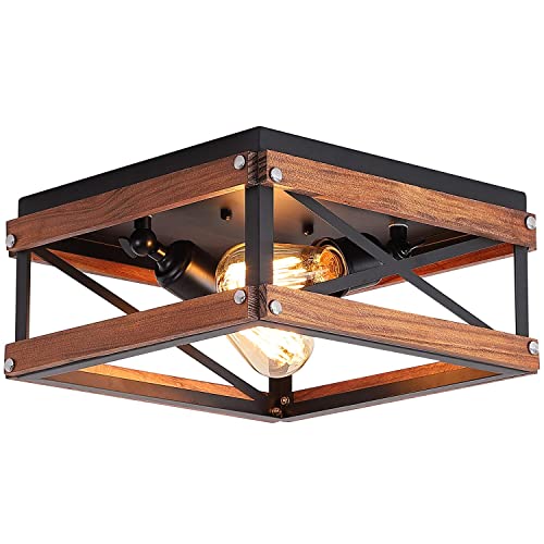 Rustic Farmhouse Flush Mount Light Fixture Two-Light Metal And Wood Square Flush Mount Ceiling Light For Hallway Bedroom Kitchen Entryway, Black #TOP13