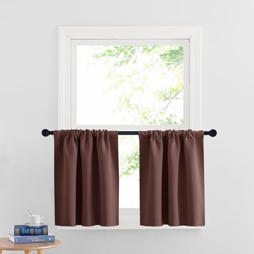 RYB HOME Small Curtains Blackout - Privacy Energy Efficiency Mini Curtains for Kids Bedroom RV Camper Windows Trailer Bathroom Kitchen Cabinet Window Tiers, W 42 x L 30, Chocolate Brown, 2 Pcs
