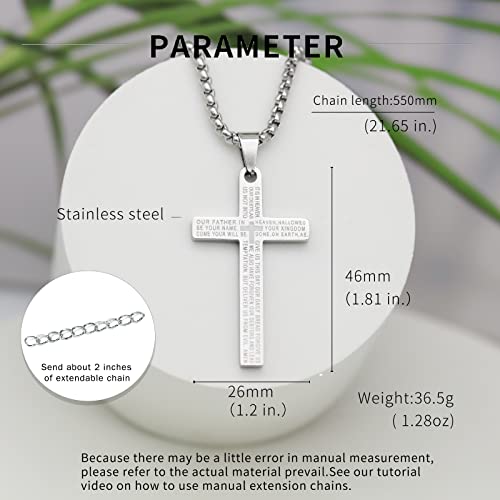 Silver deer【Hypoallergenic & lightweight Cross Necklace【does not rust or discolour】 for Women or Men Stainless Steel Pendant Lord's Prayer Bible Verse【2in DIY extension】 Chain 22 Inch3