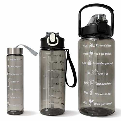 Image of Motivational Water Bottle Set with Time Marker & Straw | BPA Free Leakproof Gym Sipper Combo | Total 2000ML Capacity | Sports & Office Use | Tritan Plastic Material (Black)