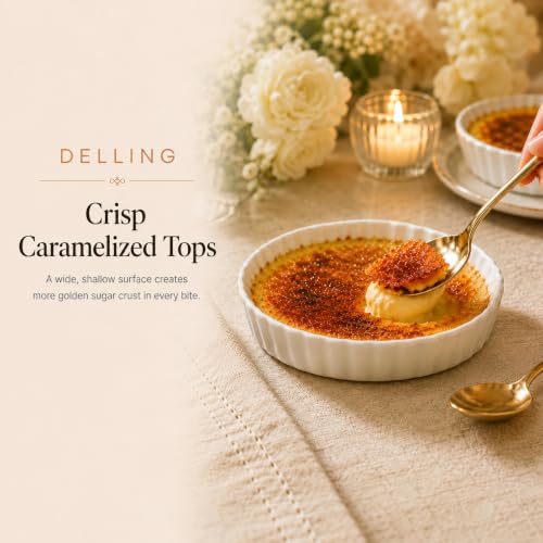 Delling Creme Brulee Ramekins - 6 Piece Set, 8 oz Round Fluted Quiche Dishes, Oven Safe, White - Image 5