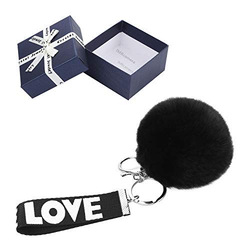 Safe Keychain with Letters Love Key Ring Genuine Rabbit Fur Ball Key Chain Accessories Car Bag Gift for Women Girls Friends Birthday Gifts (Black)