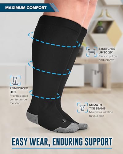 Doctor's Select 3 Pairs Plus Size Compression Socks Wide Calf - Up to 6XL | 20-30 mmHg Compression Socks for Women Wide Calves | Black, White, Gray3