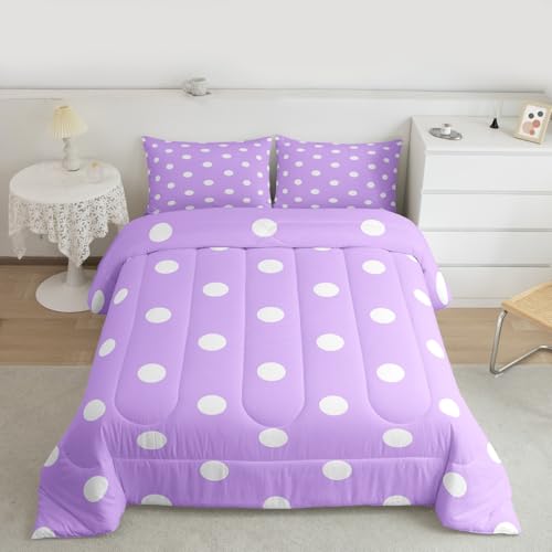 jejeloiu Polka Dot Comforter Set Full Size Purple White Bedding