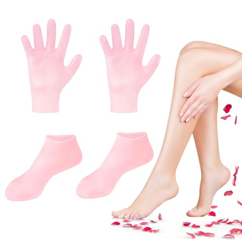 TEAWOO 2 Pairs Silicone Socks Gloves Set for Dry Cracked Feet Hands Silicone Moisturizing Socks for Women Hand Foot Care Spa Gel Socks Gloves After Pedicure (Socks Fits Up to Size 10)