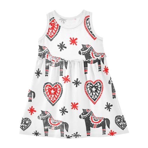 Aflyko Spring Dress for Girl Swedish Dala Horse Heart Kiddo Tank Sundress Costume Dress Summertime Comfy Skirt for Dinner Event Wedding Party 5-6T
