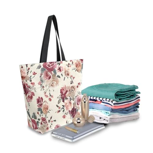 Extra Large Shoulder Tote Bag for Beach Travel Weekender Gym Vintage Roses Pattern Pink Beige Reusable Grocery Canvas Shopping Bag3