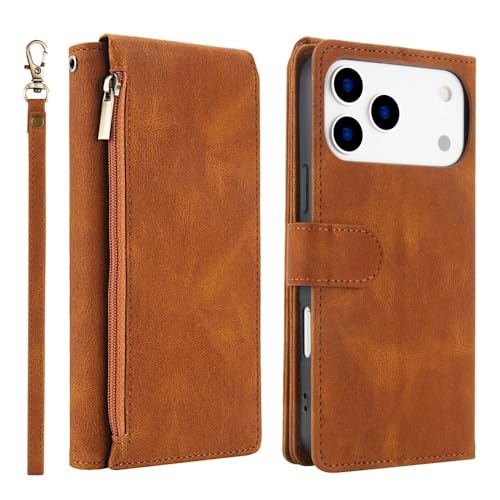 Étui iPhone 15 Pro portefeuille marron en cuir avec clapet de protection