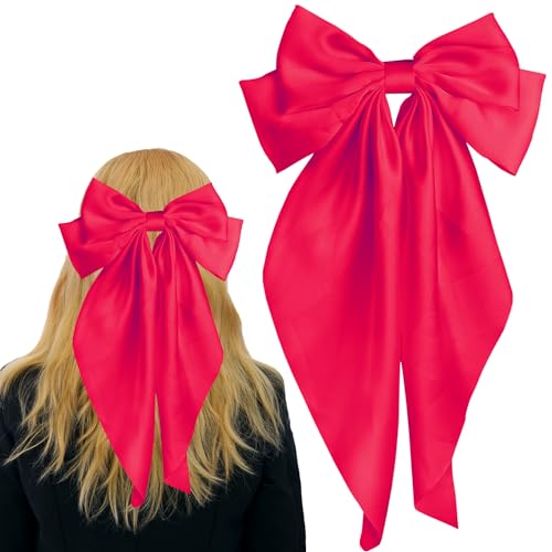 Pufandor Hair Bow Silky Satin Hair Ribbons for Women, Rose Bows for Girls Hair Bowknot Barrettes Long Tails with Clips Big Hair Bows Hair Accessories (Rose 1pc)
