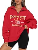 KIDDAD Football Sweatshirt for Women Game Day Graphic 1/4 Zip Shirts Football Team Fans Long Sleeve Pullover Tops Red