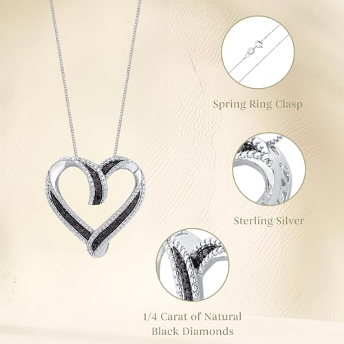 GILDED Sterling Silver Necklace with Natural Round-Cut Black Diamond and Heart Shaped Pendant, 18-inch White Silver Chain, 1/4 Carat Total Weight Diamonds, Elegant Gift Box Included2