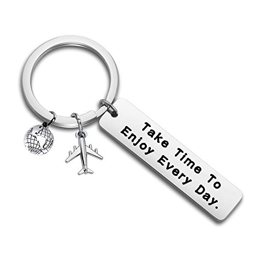 FUSTMW Travel Keychain Traveling Gift Retirement Gift Global Travel Keychain Take Time to Enjoy Every Day Pilot Gift Airplane Keychain (Silver)
