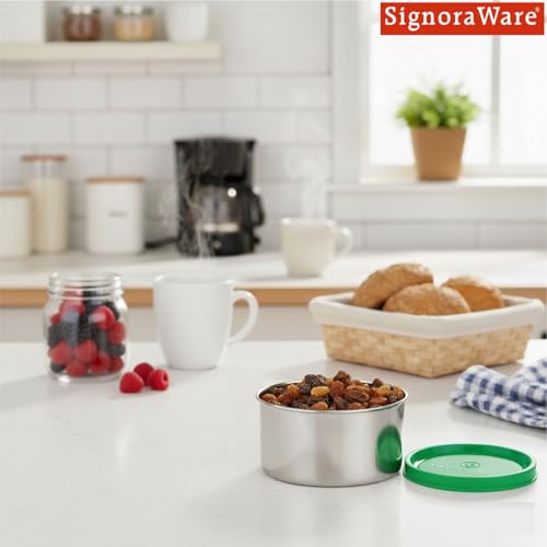 Image of SignoraWare Ample Stainless Steel Container | Airtight & Leakproof | Dishwasher Safe | Durable Storage Solution | Ideal for Kids, Office, School, Picnic & Outdoor Use (225ml | Green)