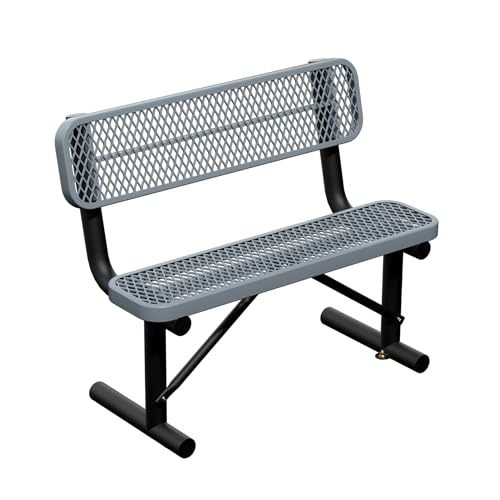 Image of 4ft Gray Metal Park Bench with Backrest, Heavy Duty Outdoor Benches Weatherproof Steel Long Playground Bench Seats, Commercial Garden Benches Red Dock Benches for Lawn, Park, Deck,Patio, Porch