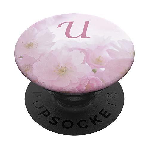 Soporte para teléfono emergente, rosa rubor floral rosa monograma letra U PopSockets PopGrip Intercambiable