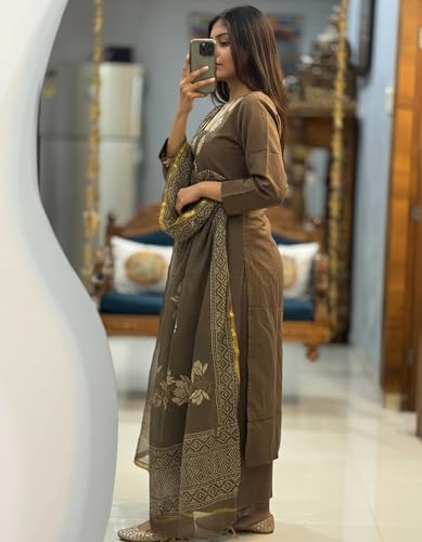 Image of ANNI Designer Women's Rayon Viscose Straight fit Printed Embroidered Kurta with Pant & Dupatta | Ethnic Kurta Set for Women | Daily, Office & Festive Traditional