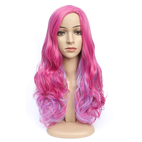 Long Pink Wig Heat Resistant Synthetic Anime Shocking Pink Wig for Cosplay Rose Red Long Wavy Halloween Wig