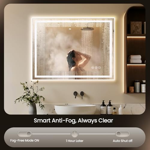 Image of 40x30 LED Bathroom Mirror with Anti-Fog, Backlit & Front Lights, Memory | Dimmable 3 Color CRI 95+ Shatterproof Tempered Glass ETL Listed for Safety Lighted Bathroom Vanity Mirror for Wall