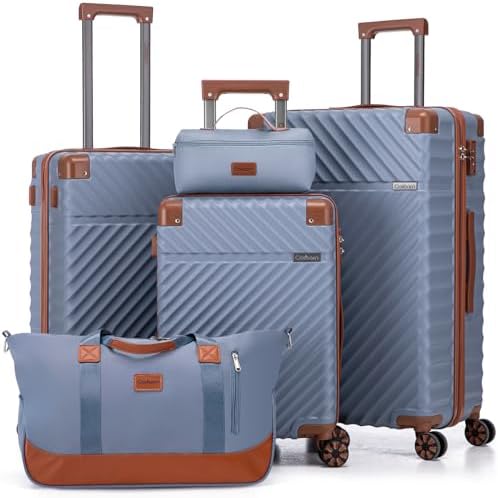 Luggage Sets 5 Piece with TSA Lock Spinner Wheels, Unisex Hard Case ABS Suitcase Set, Hardshell Lightweight Waterproof Travel Hardside Suitcases with Wheels for Women Men, SkyBlue, 5 Piece